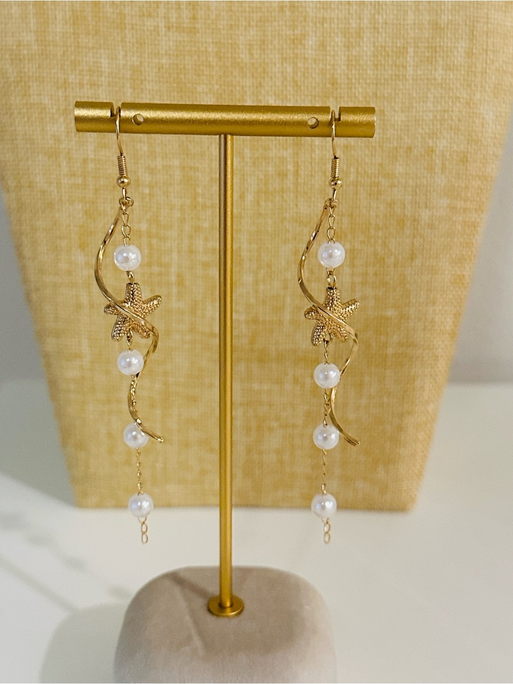 Fashion Jewelry Gold Starfish and Pearl Drop Earrings